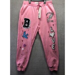 First Row Women’s Jogger Pants XXL Pink Embroidered Love Y2K Athleisure Lounge